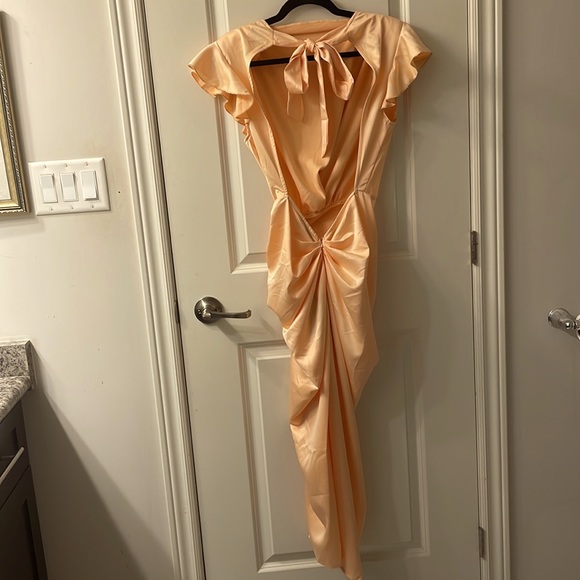 PLT NWT Tangerine Bustle Ruched Backless Satin-style Dress - Picture 3 of 4